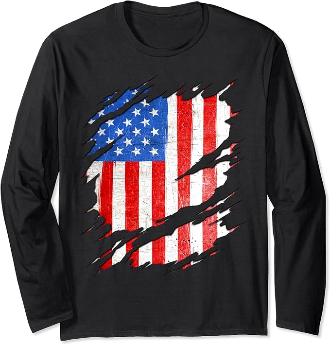 American Flag USA Ripped Reveal Long Sleeve TShirt Clothing